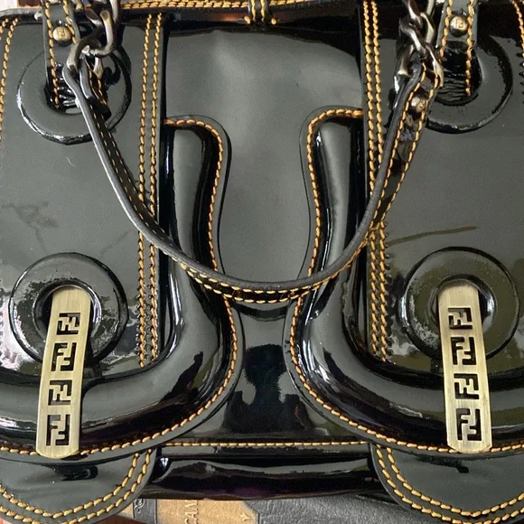 Fendi B Bag Purse in Black Patent Leather with Orange Contrast Top Stitching - Picture 16 of 16